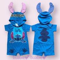 ชุดบอดี้สูท เด็กอ่อน Body Suit งานลิขสิทธิ์ แท้ Disney Lilo &amp; Stitch มีฮู้ดหน้าสติชท์ ผ้าคอตตอน มี 3 ไซส์ S M L รอบอก 20-23 นิ้ว