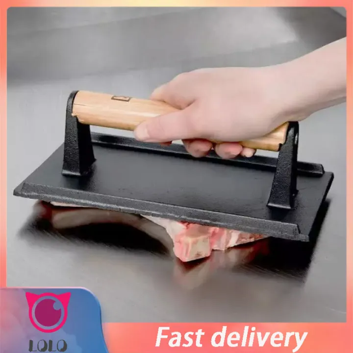 Heavy cast iron meat press for steak bacon and hamburger barbecue wood