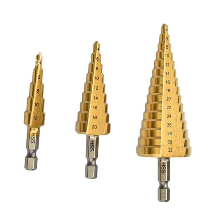 elegant-sanai-3pcs-step-drill-bit-set-3-12mm-4-12mm-4-20mm-4-32mm-hss-straight-groove-titanum-coated-wood-metal-hole-cutter-core-drill