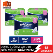 HCM ship 2h Combo 3 Băng vệ sinh Whisper Siêu mỏng có cánh Ngày 24cm 18