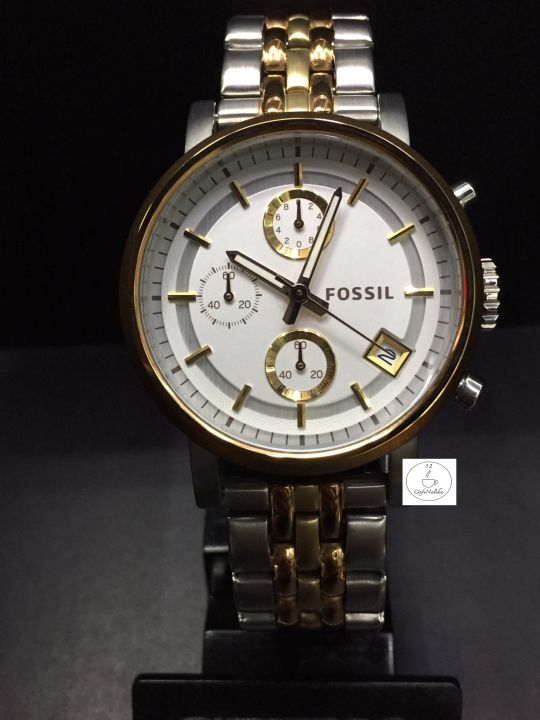 นาฬิกาข้อมือผู้ชายจับเวลา-fossil-รุ่น-es3840-chronograph-ตัวเรือนและสายนาฬิกาทองชมพูสลับเงิน-2-กษัตรย์-หน้าปัดสีเงิน-ของแท้-100