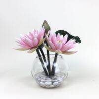 แจกันดอกบัวประดิษฐ์ ดอกบัวสีชมพูจัดในแจกันแก้วใสทรงกลม Artificial water lily arrangment