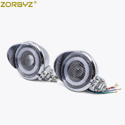 ZORBYZ รถจักรยานยนต์ Chrome LED ไฟหน้า Spot Fog Light Angel Eye รูรับแสงสำหรับ Harley Bobber Chopper Touring Custom