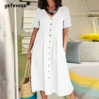 【CC】 Womens Clothing V Neck Short Sleeve Cotton Loose Waist Dresses Vestidos