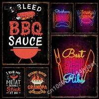 Vaporwave Neon BBQ โปสเตอร์สำหรับบาร์บีคิวร้านอาหารขนมขบเคี้ยวบาร์เมนูตกแต่งบ้านโลหะดีบุกป้ายห้องครัว Wall Decor Plaques ใหม่