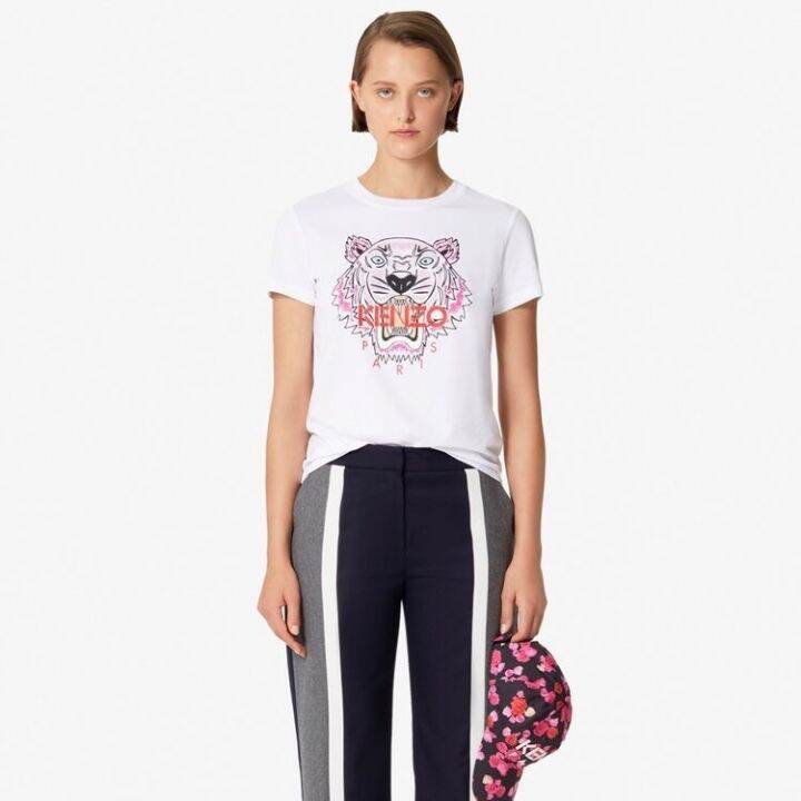 kenzo-เสื้อยืดแขนสั้นสำหรับผู้หญิง-เสื้อยืดแขนสั้นพิมพ์ลายคอกลมเสือตัวใหญ่แบบหลวมกีฬาแขนสั้นฤดูร้อน