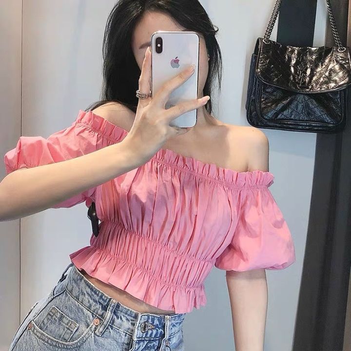 Sarah Two Way Off Shoulder Crop Garter Smocked Top Korean Puff