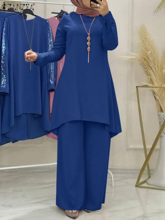 zanzea-แฟชั่นชุดจับคู่มุสลิมเสื้อแขนยาวคอกลมกางเกงขากว้างวินเทจพรรคอิสลามเสื้อผ้าชุดที่สง่างาม-outifits