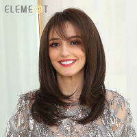 Element Medium Length Synthetic Straight Natural Brown Wigs with Side Bangs Heat Resistant Party Wigs for WhiteBlack Women