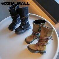 XSM MALL ฤดูใบไม้ร่วงฤดูหนาวหนังนิ่มเคลือบด้วยกำมะหยี่สาวรองเท้ายาวซิปนุ่มแต่เพียงผู้เดียวป้องกันการลื่นเด็กรองเท้า3-16ปี T22N09CC-101