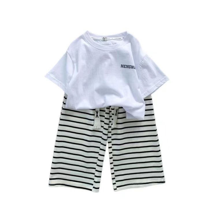 baby-girls-fashion-2-sets-new-girl-han-edition-letter-short-sleeved-summer-stripes-wide-legged-pants-leisure-suit