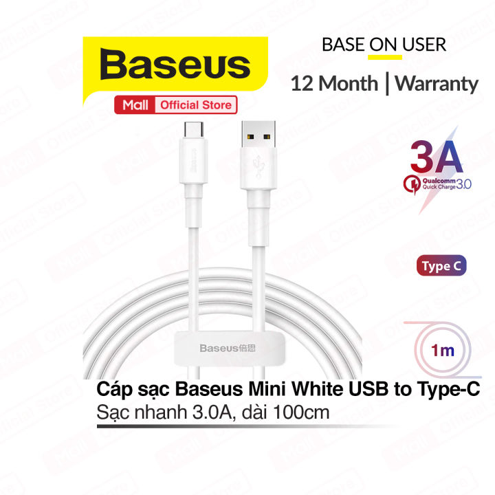 Cáp sạc Baseus Mini White Cable USB For Lightning ()/Micro USB  ()/Type C (3A) chiều dài 1m truyền dữ liệu tốc độ cao 480Mbps |  