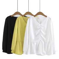 【มีไซส์ใหญ่】Plus Size Womens V-neck White Black Chiffon Blouses Ladies Solid Color Office-wear Tops