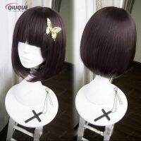 Anime Bungo Stray Dogs Akiko Yosano Short Bob Purple-Black Heat Resistent Cosplay Hair Wig   Butterfly Hairpin