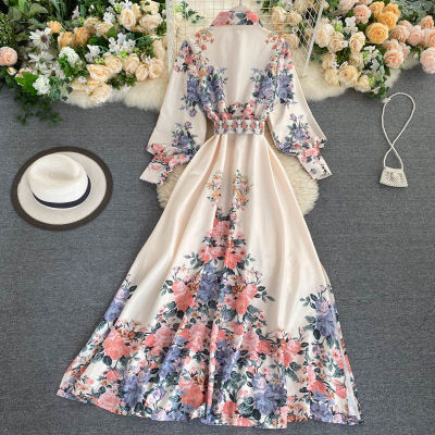 Autumn Casual Fashion Womens Elegant Long Sleeve High Waist Slim Fit Floral Printed Long Dress Party Dresses
