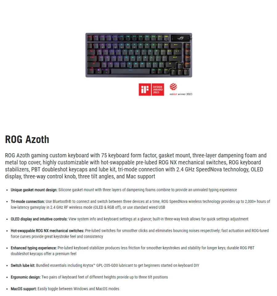 ASUS ROG Azoth 75% Wireless DIY Custom Gaming Keyboard, OLED Display,  Gasket-Mount, Three-Layer Dampening, Hot-Swappable Pre-lubed NX Brown  Switches 