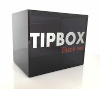 กล่อง Tip Box อะคริลิค สีดำใสเข้ม ตัวหนังสือสกรีน สีเงิน ขนาด 15x12x10cm.