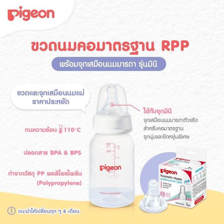 pigeon-พีเจ้น-ขวดนมคอมาตรฐาน-ขวดนม-rpp-พร้อมจุกนม-รุ่นมินิ-ขวดนมคอแคบ-4-ออนซ์-จุกมินิ-s-8-ออนซ์-จุกมินิ-m-ขวดนมเด็ก-ขวดนมพีเจ้น