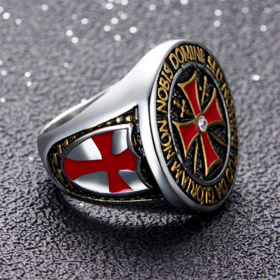 Domineering Knights Templar แหวนเงินสีสแตนเลสสีแดง Cross ฝัง Cubic Zirconia แหวนผู้ชายเครื่องประดับ Gift