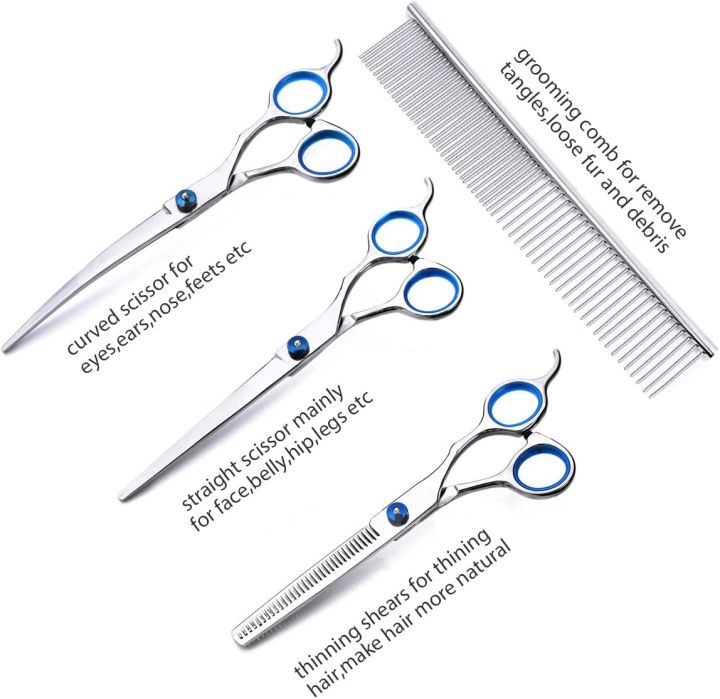 ช่างทำผมสัตว์เลี้ยงสุนัขสูทสแตนเลสสุนัขกรรไกรเหล็ก5ชิ้นเซ็ตเครื่องมือมืออาชีพกรรไกรตัดกรูมมิ่งตัดผมสัตว์สำหรับ