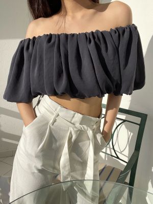 Puffy crop สี Indigo ผ้าจอเจีย