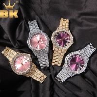 THE BLING KING Mens Watch Big Pink Purple Blue Dial Iced Out Quartz Clock Luxury Rhinestone Business Waterproof Wrist Watches