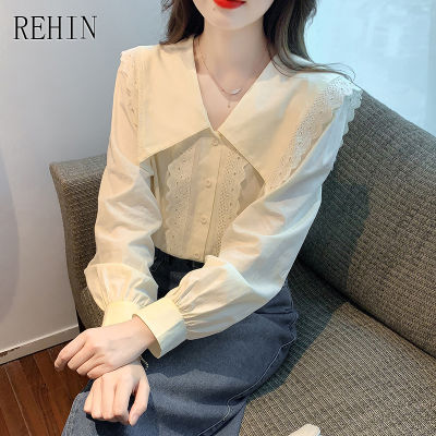 REHIN ผู้หญิงฤดูใบไม้ร่วงใหม่ภาษาฝรั่งเศสคำ Retro Design เสื้อแขนยาวบางและ Aging ตุ๊กตาคอ V คอเสื้อหรูหรา