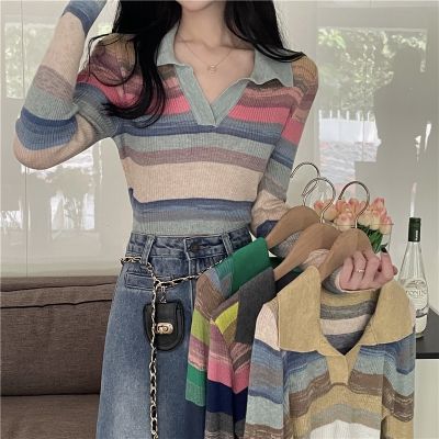 ♨□✜ SUXI Autumn New Polo-neck Knitted Shirt Womens Rainbow Striped Long-sleeved Sweater Tops
