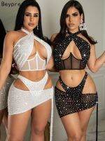 [HOT MAKXJWIGO 542] Beyprern Girls Cut-Out Crystal Skirt Set Nightclub Outfits Summer Glam Halter Neck Sequin Corset Crop Top And Laced Swimwear Set