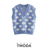 TMODA888 Women 2022 Fashion Jacquard Loose Knitted Vest Sweater Vintage V Neck Sleeveless Female Waistcoat Chic Tops