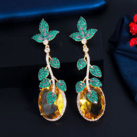 CWWZircons Super Luxury Green Cubic Zirconia Leaf Drop Big Yellow CZ Crystal Earrings for Women Unique Geometric Jewelry CZ811