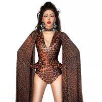 ۩☈❂ Fashion Leopard Pattern Hollow Bodysuit Gloves Shawl Printed Birthday Party Outfit DS Women Singer Dancer Performance Costume