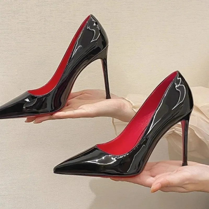 Ready Stock-Women Red Sole Pumps New Sexy Bottom Pointed Toe Black Thin  High Heel Shoes Shallow Sexy Wedding Shoe