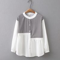 【มีไซส์ใหญ่】Plus Size Womens Long Sleeved White Blouses Ladies Office-wear Patchwork Striped Female Tops Vintage Fashion Button Up A-line Top