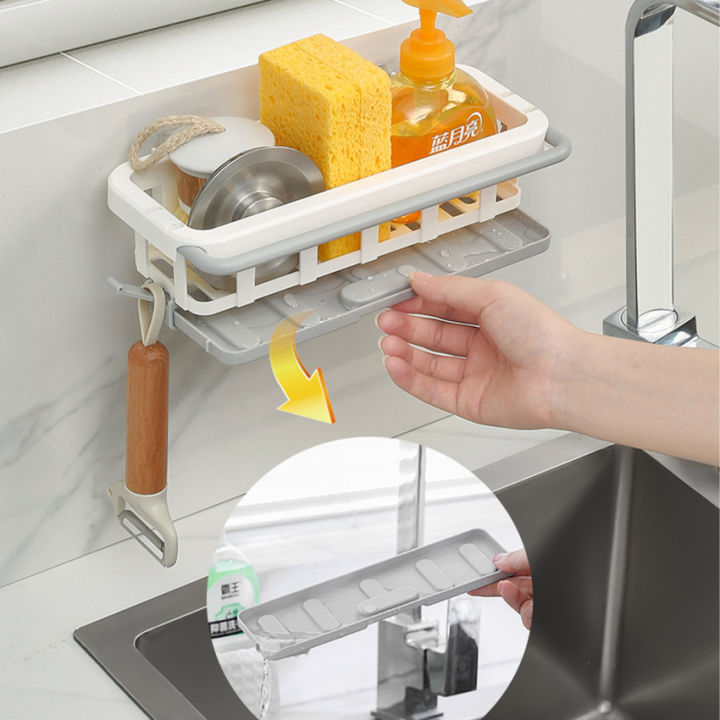 ที่วางฟองน้ำล้างจานแบบแขวนชั้นเก็บมีดทำครัวแบบยืดหดได้อุปกรณ์ชั้นแขวนผนังห้องน้ำห้องครัว