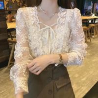 French Square Collar Apricot Lace Blouse Sweet Autumn Casual Loose Vintage Tops Puff Long Sleeve Lace-up Shirt Blusas 17442