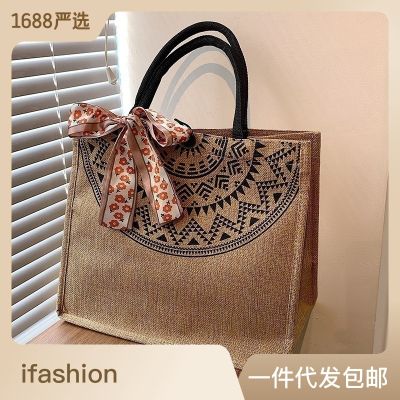 Spot Large Capacity Linen Handbag Womens Vintage Fashion Jute Cloth Shoulder Tote Bag All-Match Mummy Bag