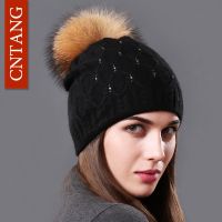Double Deck Knitted Wool With Crystal Hats Female Big Real Raccoon Fur Cap Beanies Winter Warm Fashion Pom Poms Hat For Women