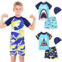 Swimsuit Kids 3pc Boy Clothing Set Toddler Baby Swimming Suit + Cap Shark Print Swimswear Boy Cartoon Children Rash Guards Beach