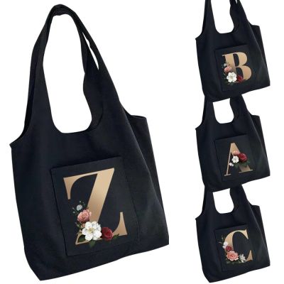 Women Bag Canvas Bag Large Capacity Travel Tote Bag Printing 26 Letters Hot Flower Gold Portable One-shoulder Shopping Bag