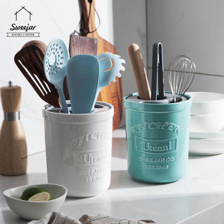 Ceramic Utensil Holder For Countertop - Kitchen Crock With 3