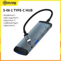 RYRA Type-C Extender Hub 5 IN 1 USB 3.0 2.0 Splitter 3.5มม. แจ็ค PD 60W Docking Station คอมพิวเตอร์ Extender สำหรับแล็ปท็อป