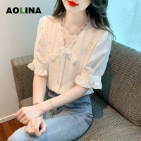 AOLINA 2023โบว์คอวีผูกเชือกดีไซน์สำหรับผู้หญิงสีขาวเสื้อเชิ้ตใหม่ชุดเซ้นส์เซ้นต์เฉพาะเสื้อเชิ้ตฤดูร้อน