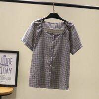 【มีไซส์ใหญ่】Plus Size XL-4XL Womens Short Sleeve Plaid Tops Casual Button Up Vintage Blouses