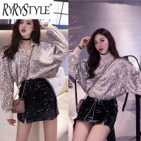 RYRYSTYLE เสื้อยืดปักเลื่อมทรงหลวมคอปกแบบยุโรปแขนค้างคาว