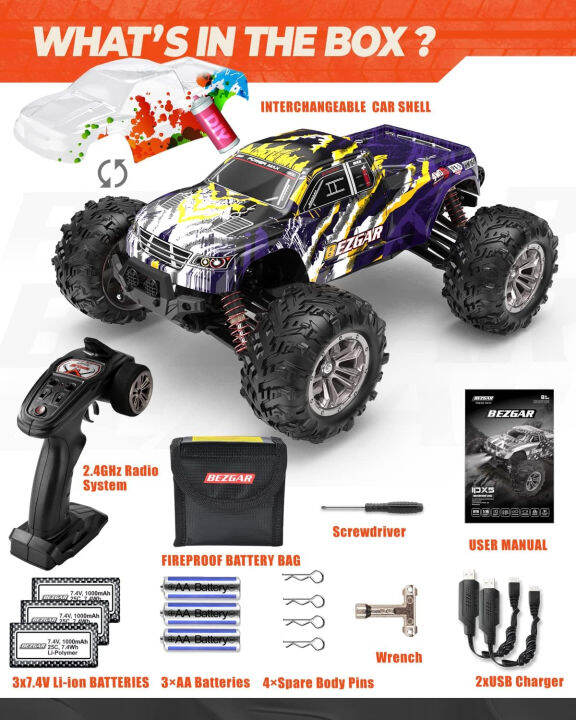 bezgar-hm164-brushless-hobby-grade-1-16-scale-remote-control-truck-4wd-high-speed-52-kmh-all-terrains-off-road-rc-monster-vehicle-car-crawler-with-3-rechargeable-batteries-for-boys-kids-and-adults-yel