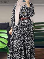 【CW】 ZANZEA Floral print Muslim Big Abayas Caftan Turkey Sundress O-Neck Loose Evening Gown