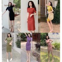 ▧☎ New Retro Dress Female Korean Version Of High Waist Temperament Mid-Length Slim Short-Sleeved Round Neck Package Hip T-Shirt Dress