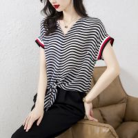 [Free ship] striped heavy contrast womens 2022 summer new high-end satin short-sleeved mulberry silk women