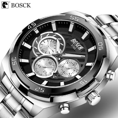 Bosck Mens Casual Business Luxurious 30M Waterproof Quartz Watch Dual Calendar Luminous Stainless Strap Watch Relogio Masculino